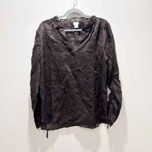 CHICOS Women’s Dark Brown Long Sleeve Cinch Detail Lightweight Ramie Lyocell Top